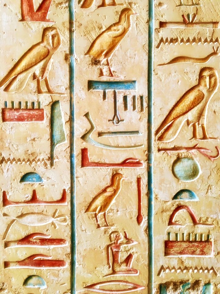 Egyptian hieroglyphics painted with lapis lazuli powder